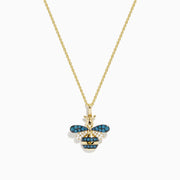 14K Yellow Gold Blue and White Diamond Bee Pendant featuring a bee-shaped design with blue and white diamond gemstones and black accents on the wings and body, showcased against a plain white background.