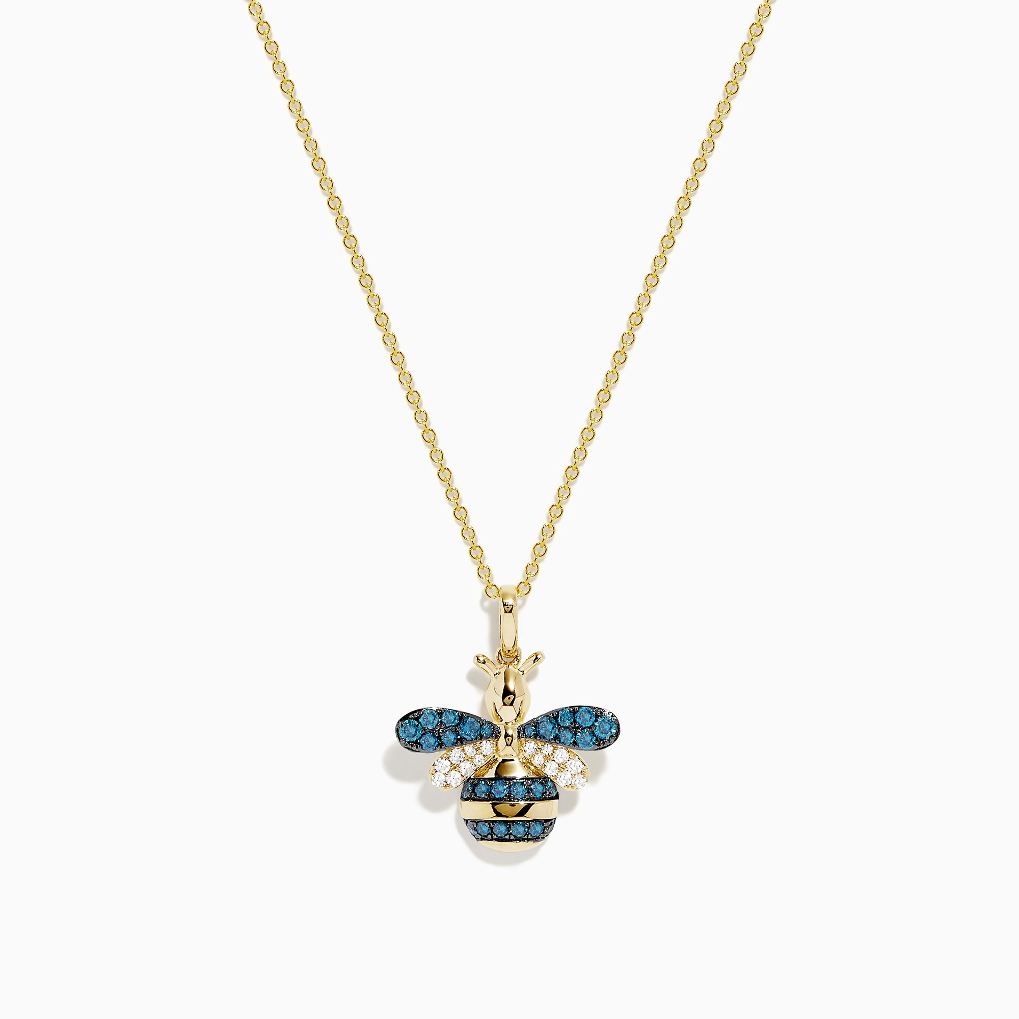 14K Yellow Gold Blue and White Diamond Bee Pendant featuring a bee-shaped design with blue and white diamond gemstones and black accents on the wings and body, showcased against a plain white background.