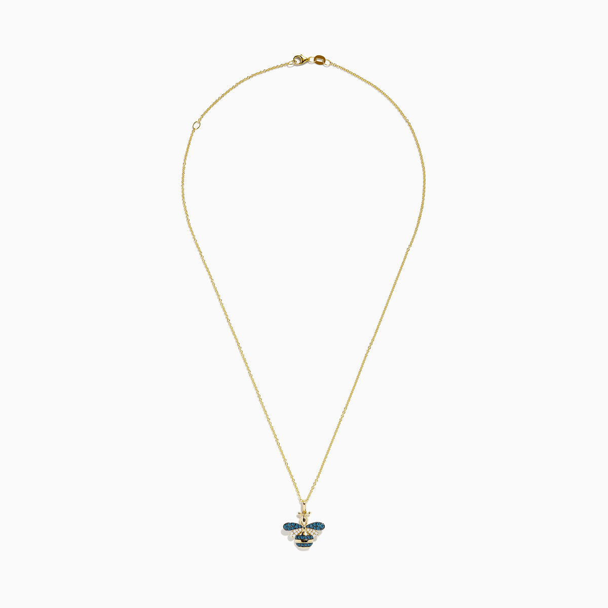 14K Yellow Gold Blue and White Diamond Bee Pendant featuring a bee-shaped design with blue and white diamond gemstones and black accents on the wings and body, showcased against a plain white background.