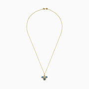 14K Yellow Gold Blue and White Diamond Bee Pendant featuring a bee-shaped design with blue and white diamond gemstones and black accents on the wings and body, showcased against a plain white background.