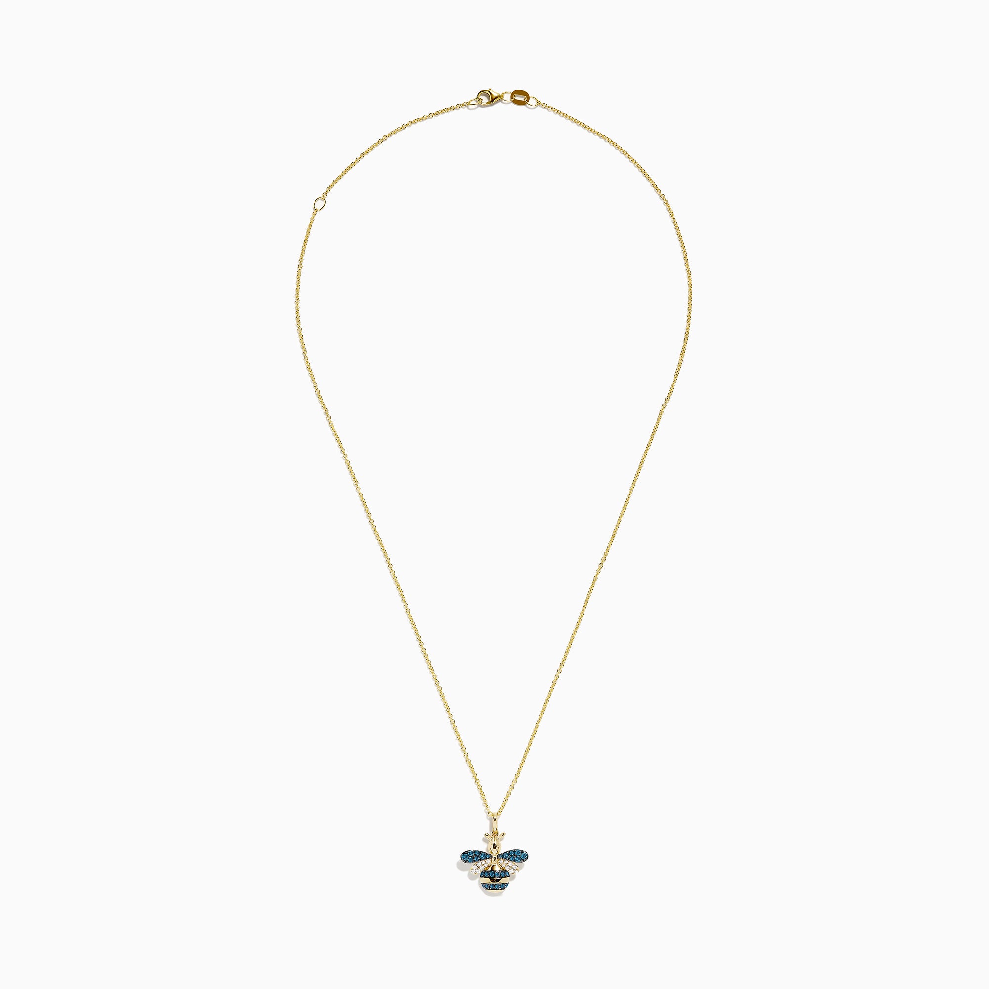 14K Yellow Gold Blue and White Diamond Bee Pendant featuring a bee-shaped design with blue and white diamond gemstones and black accents on the wings and body, showcased against a plain white background.