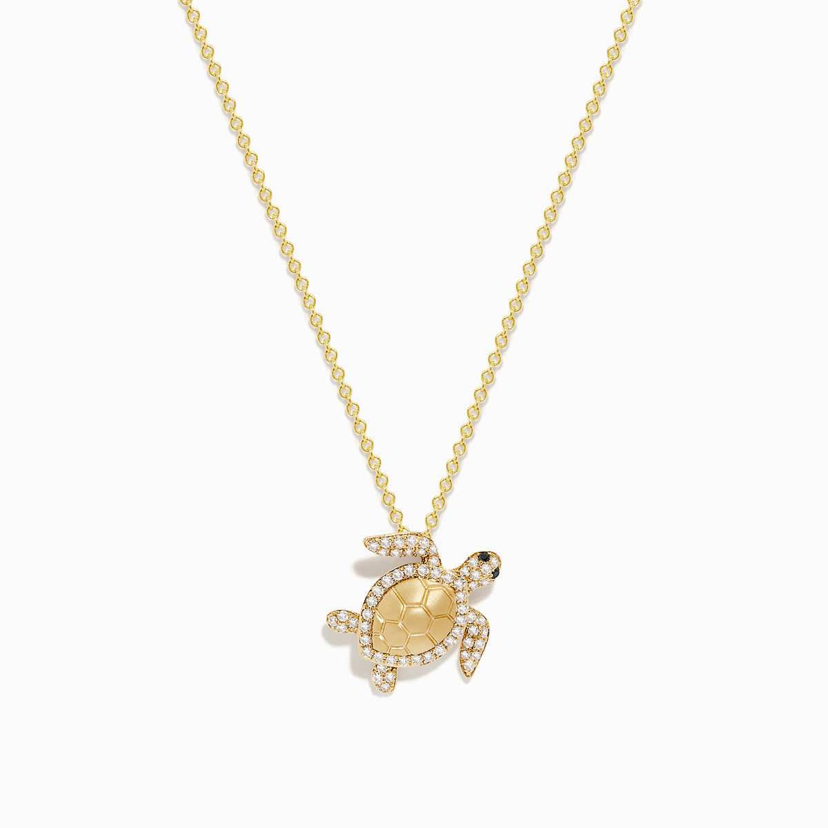 Seaside 14K yellow gold turtle pendant adorned with white and black diamonds, shown on a plain white background.