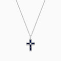 The Royale Bleu 14K White Gold Sapphire and Diamond Cross Pendant features a silver chain and striking dark blue sapphire-like rectangular stones, displayed on a plain white background.