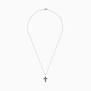 The Royale Bleu 14K White Gold Sapphire and Diamond Cross Pendant features a silver chain and striking dark blue sapphire-like rectangular stones, displayed on a plain white background.
