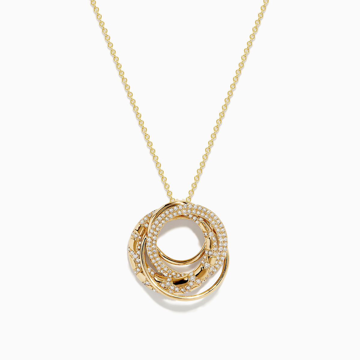 Doro 14K Yellow Gold Diamond Crossover Pendant features interlocking circular rings, each set with sparkling white diamonds, presented against a plain white background.