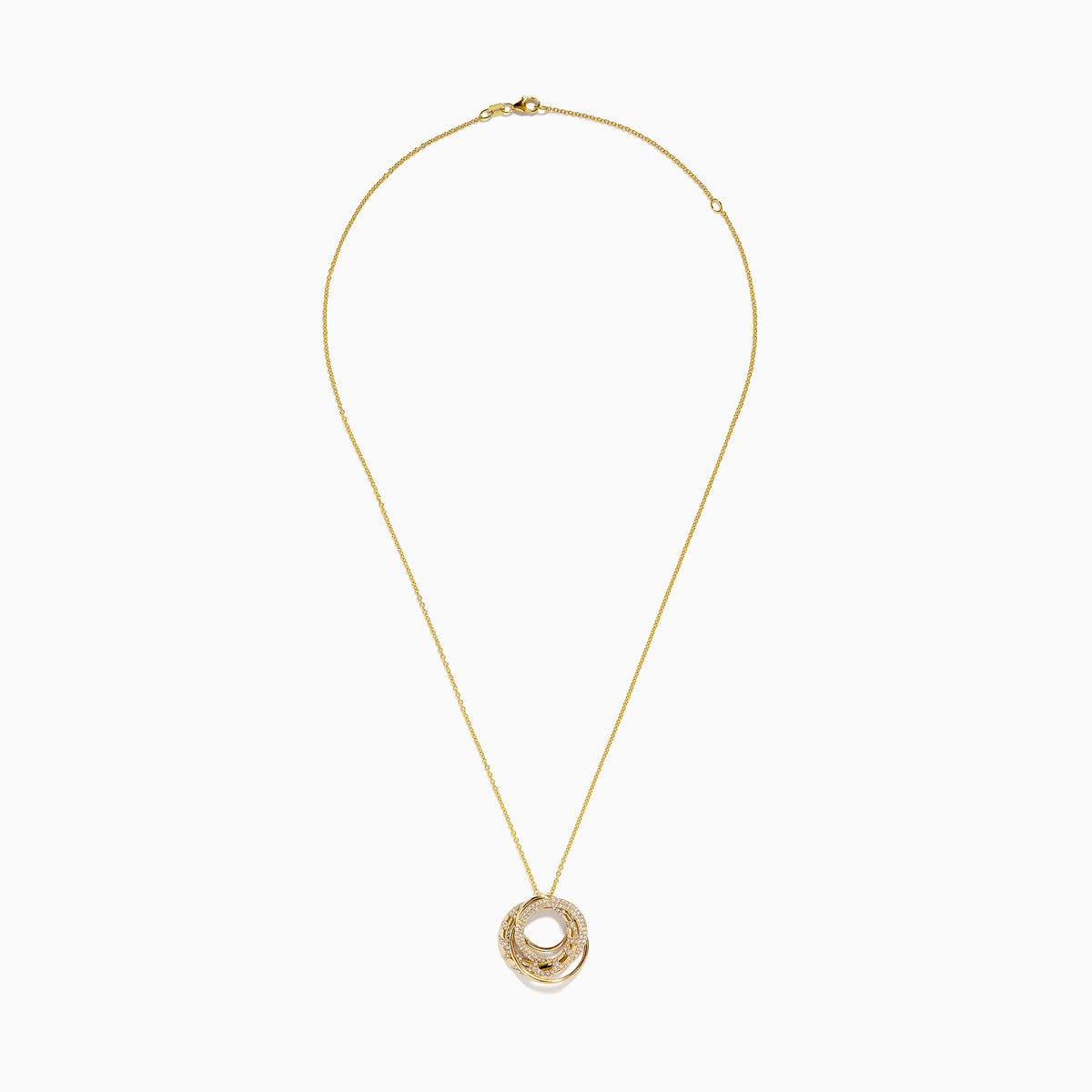 Doro 14K Yellow Gold Diamond Crossover Pendant features interlocking circular rings, each set with sparkling white diamonds, presented against a plain white background.
