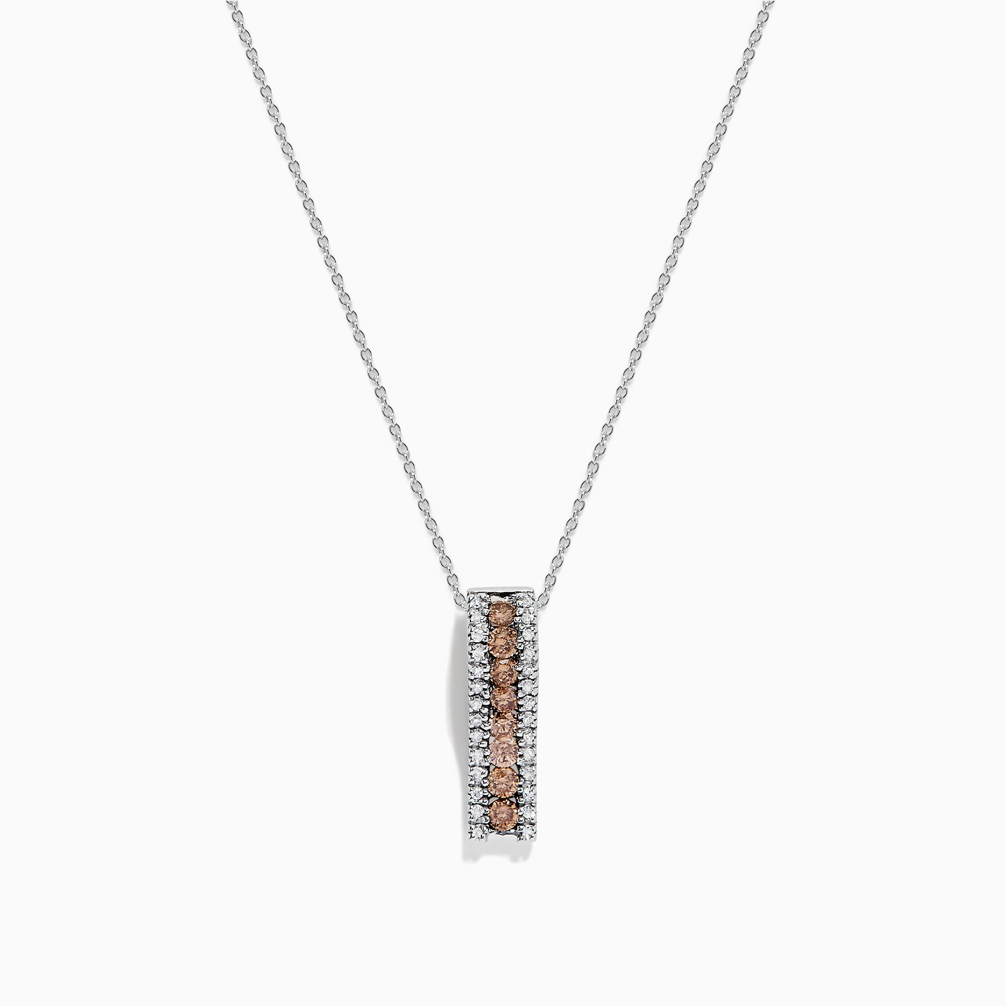 The 14K White Gold Espresso and White Diamond Pendant, 0.62 TCW, features a vertical rectangular design with a center row of rich brown diamonds bordered by sparkling white diamonds, all set in delicate white gold.