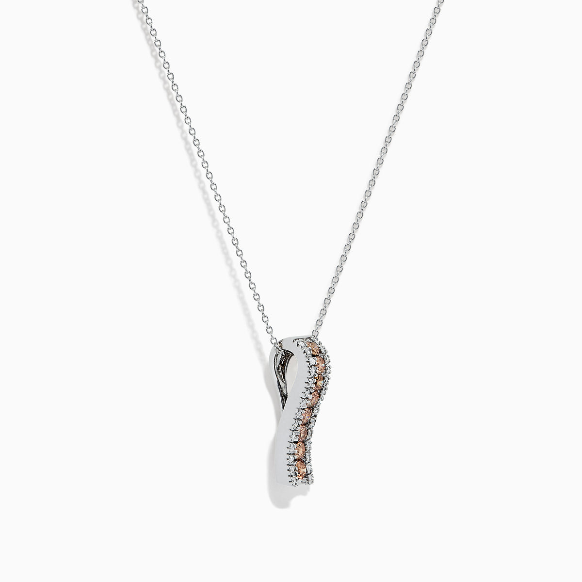 The 14K White Gold Espresso and White Diamond Pendant, 0.62 TCW, features a vertical rectangular design with a center row of rich brown diamonds bordered by sparkling white diamonds, all set in delicate white gold.
