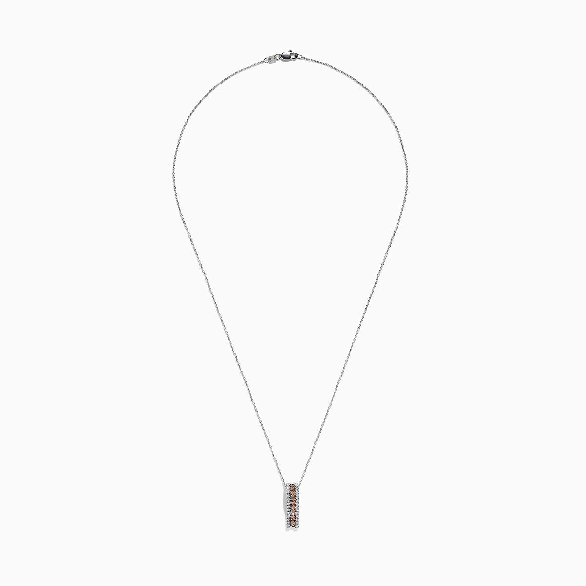 The 14K White Gold Espresso and White Diamond Pendant, 0.62 TCW, features a vertical rectangular design with a center row of rich brown diamonds bordered by sparkling white diamonds, all set in delicate white gold.