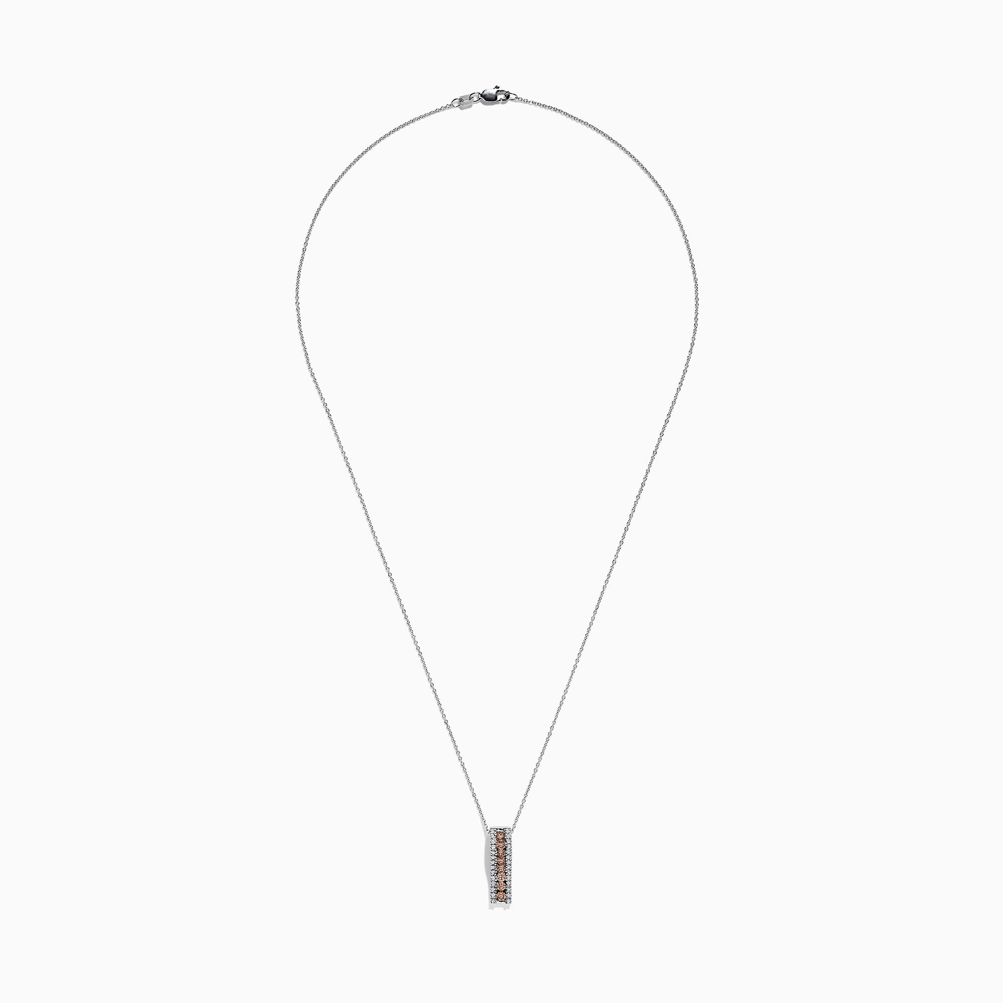 The 14K White Gold Espresso and White Diamond Pendant, 0.62 TCW, features a vertical rectangular design with a center row of rich brown diamonds bordered by sparkling white diamonds, all set in delicate white gold.