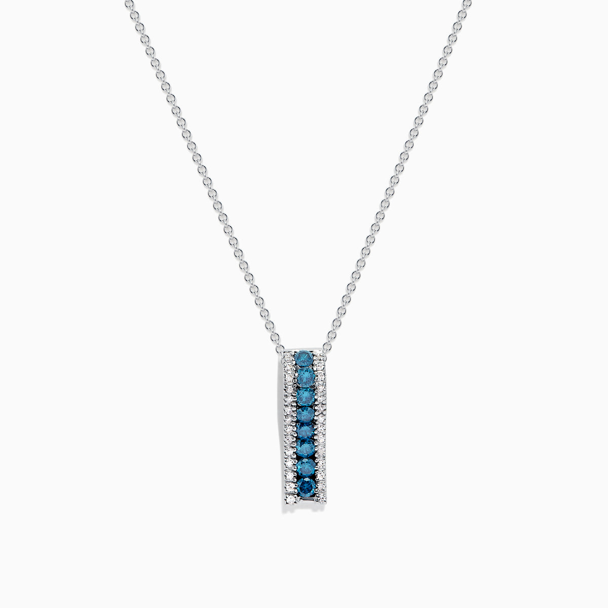 The Bella Bleu 14K White Gold Blue and White Diamond Pendant (0.62 TCW) features Effys signature style with round gemstones bordered by clear stones on a delicate white gold chain for an elegant touch.