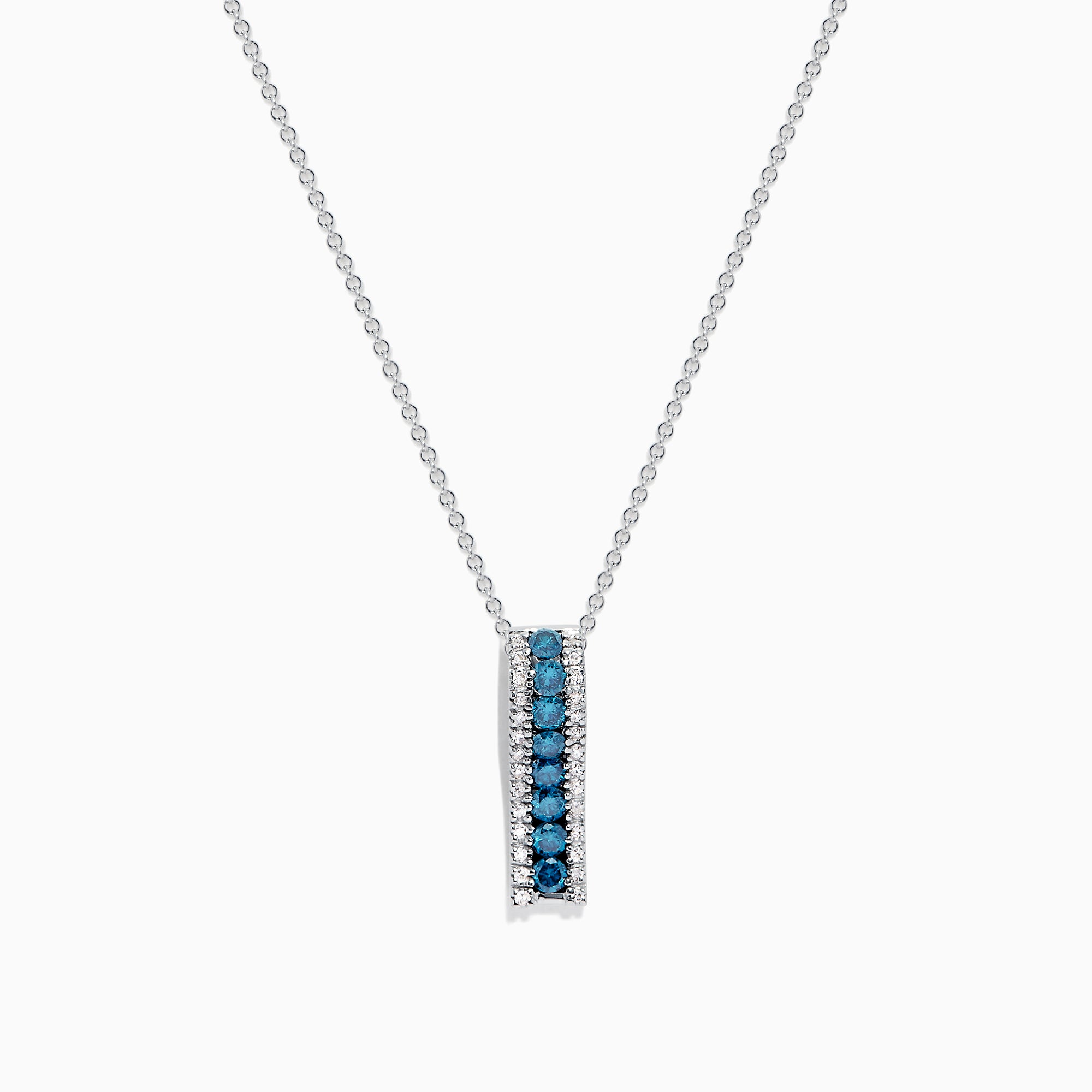 The Bella Bleu 14K White Gold Blue and White Diamond Pendant (0.62 TCW) features Effys signature style with round gemstones bordered by clear stones on a delicate white gold chain for an elegant touch.