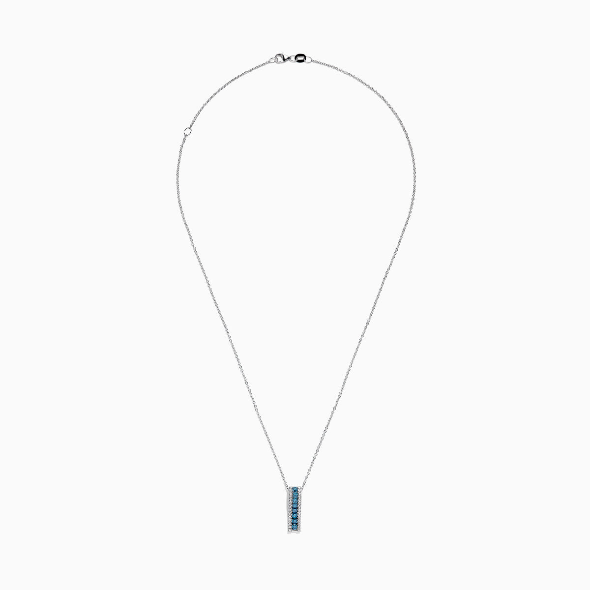 The Bella Bleu 14K White Gold Blue and White Diamond Pendant (0.62 TCW) features Effys signature style with round gemstones bordered by clear stones on a delicate white gold chain for an elegant touch.