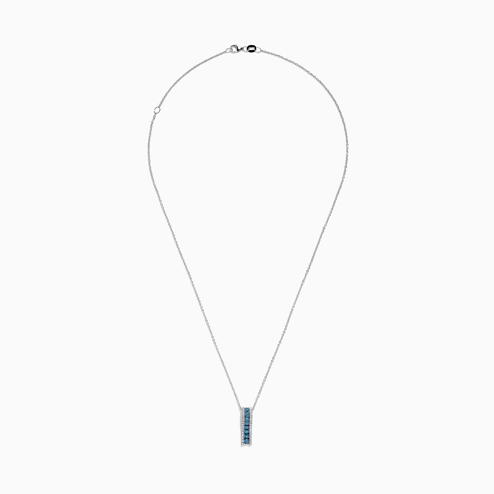 The Bella Bleu 14K White Gold Blue and White Diamond Pendant (0.62 TCW) features Effys signature style with round gemstones bordered by clear stones on a delicate white gold chain for an elegant touch.