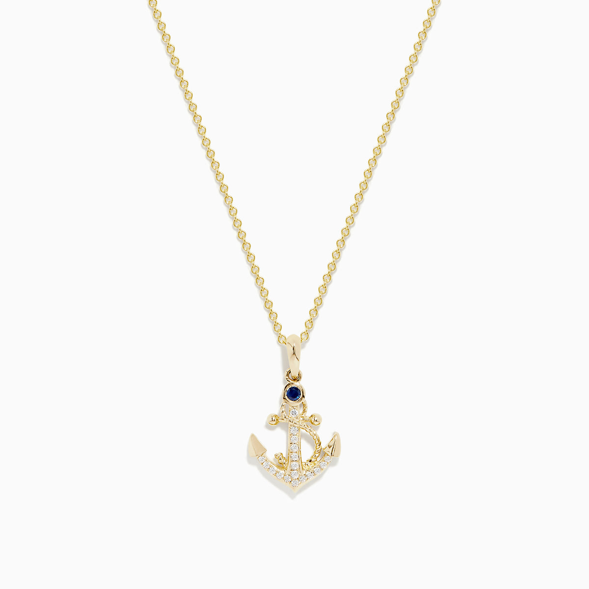 The Seaside 14K Yellow Gold Diamond and Sapphire Anchor Pendant features a yellow gold chain with an anchor-shaped pendant adorned with diamond accents and a sapphire at the top center.
