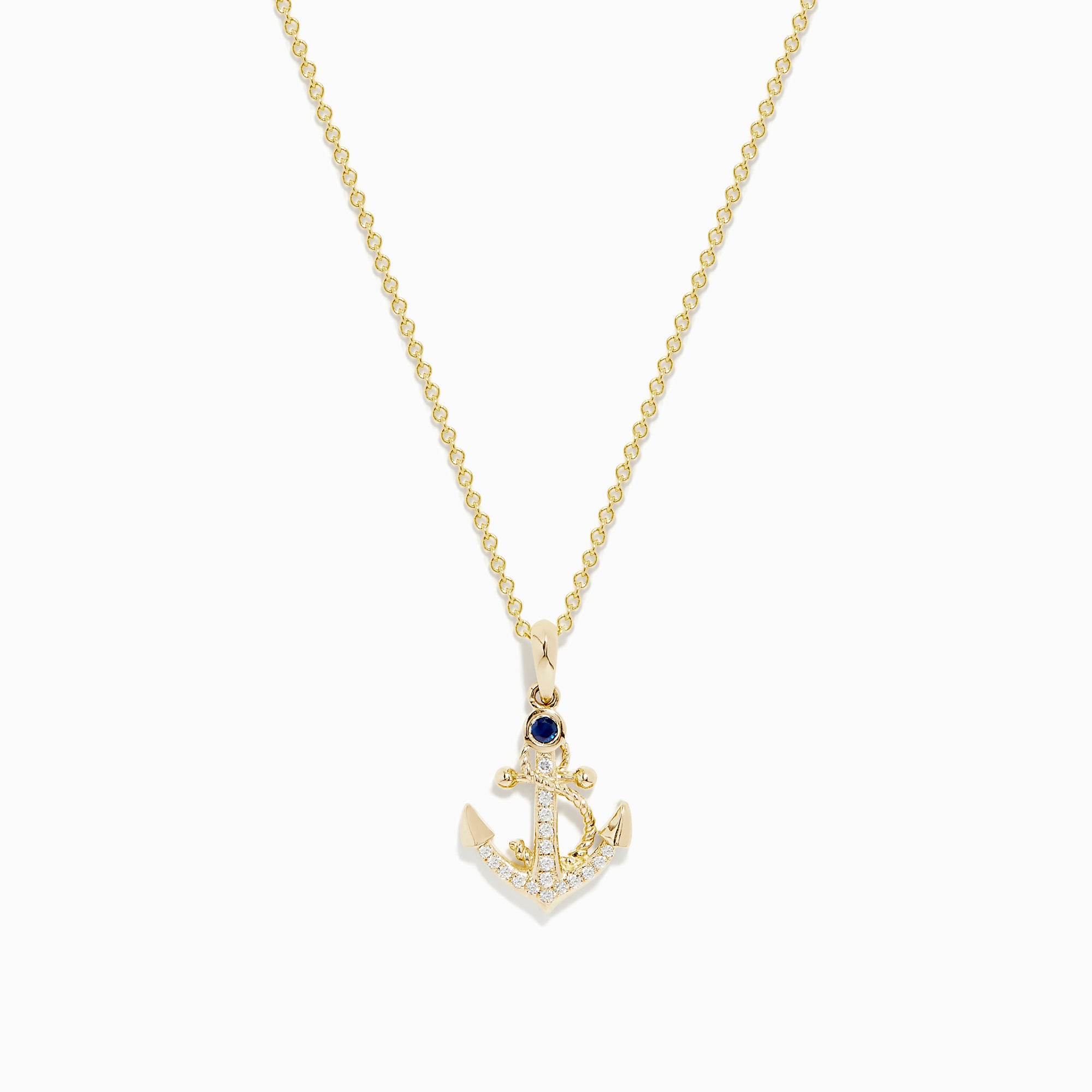 The Seaside 14K Yellow Gold Diamond and Sapphire Anchor Pendant features a yellow gold chain with an anchor-shaped pendant adorned with diamond accents and a sapphire at the top center.