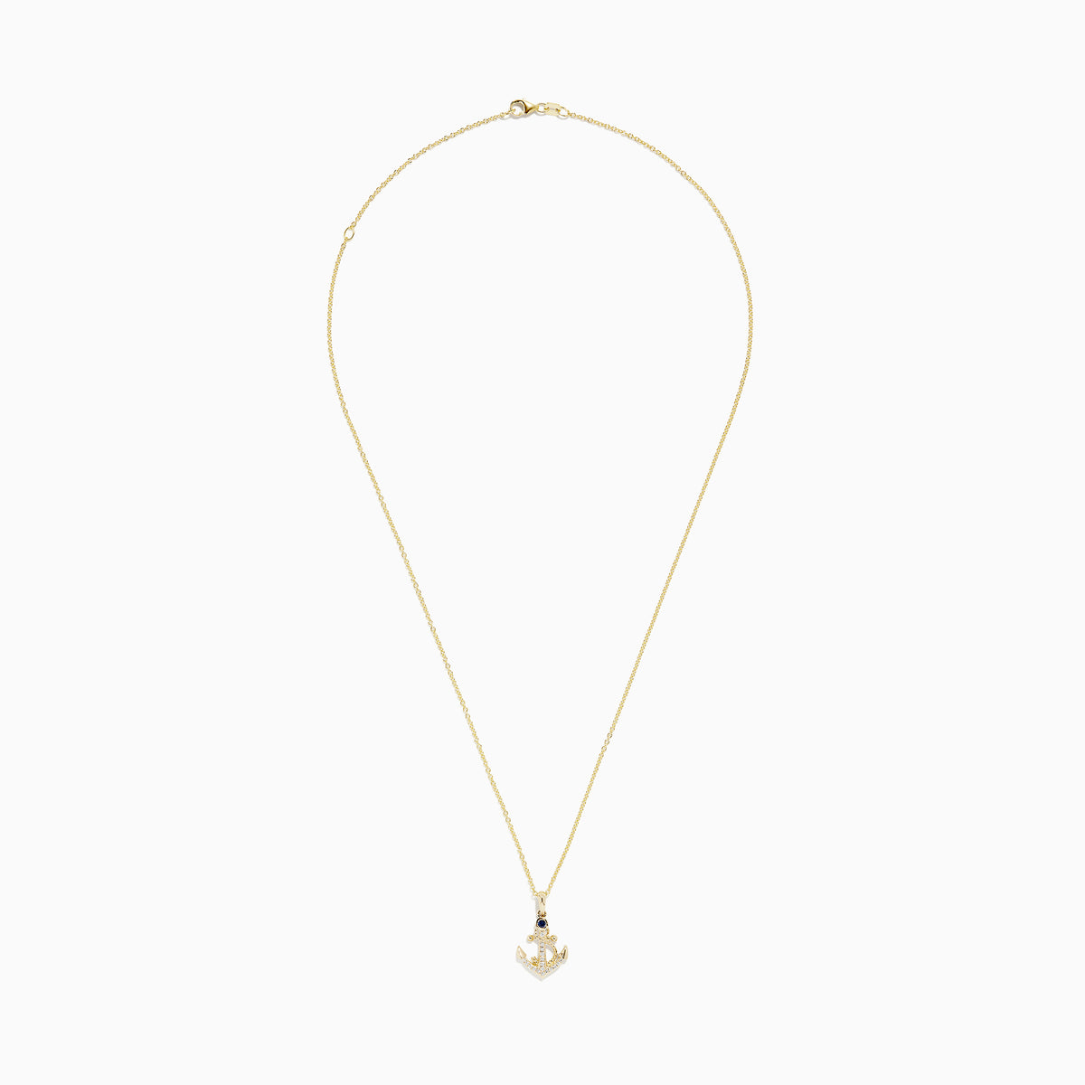 The Seaside 14K Yellow Gold Diamond and Sapphire Anchor Pendant features a yellow gold chain with an anchor-shaped pendant adorned with diamond accents and a sapphire at the top center.