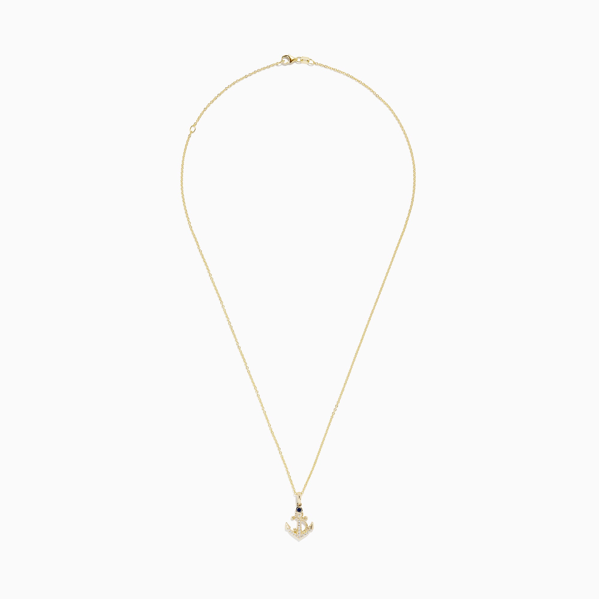 The Seaside 14K Yellow Gold Diamond and Sapphire Anchor Pendant features a yellow gold chain with an anchor-shaped pendant adorned with diamond accents and a sapphire at the top center.