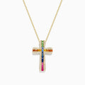 The Watercolors 14K Gold Multi Sapphire and Diamond Cross Pendant features vibrant sapphires set in vertical and horizontal rows, accented by sparkling white stones on a classic 14K gold chain necklace.