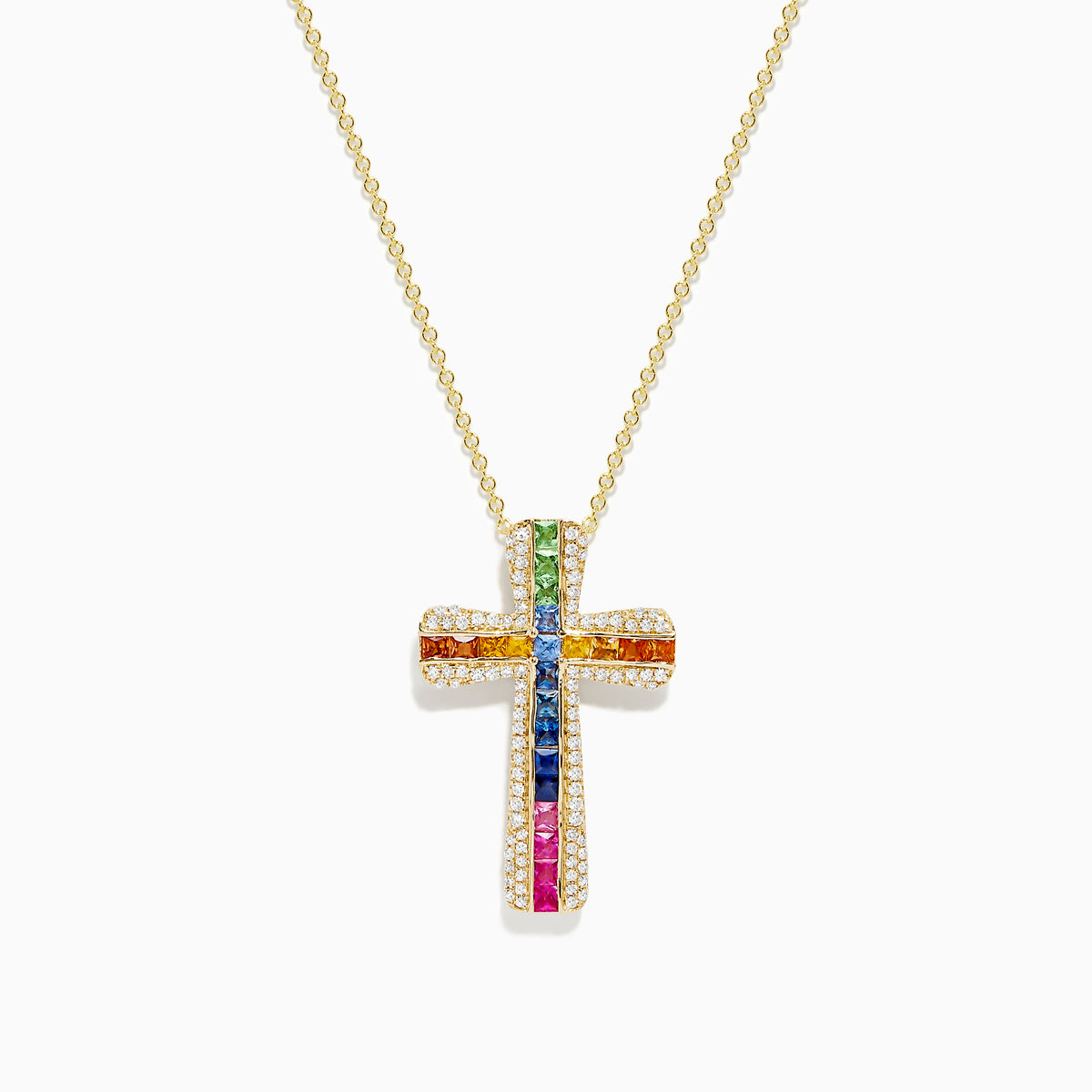 The Watercolors 14K Gold Multi Sapphire and Diamond Cross Pendant features vibrant sapphires set in vertical and horizontal rows, accented by sparkling white stones on a classic 14K gold chain necklace.