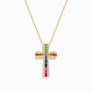 The Watercolors 14K Gold Multi Sapphire and Diamond Cross Pendant features vibrant sapphires set in vertical and horizontal rows, accented by sparkling white stones on a classic 14K gold chain necklace.