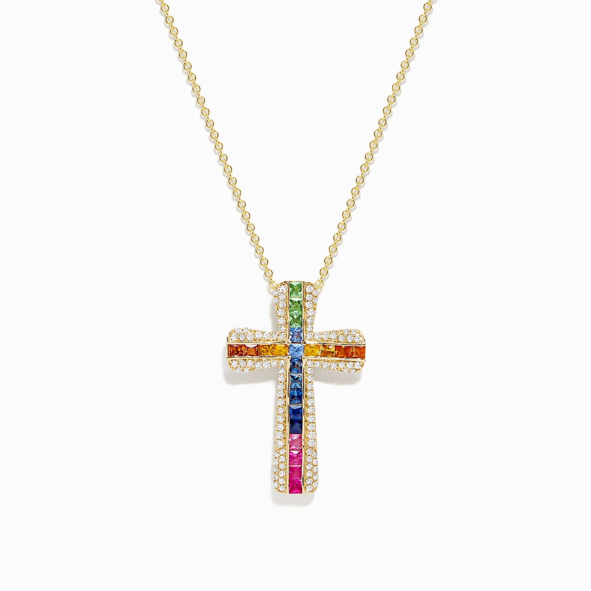 The Watercolors 14K Gold Multi Sapphire and Diamond Cross Pendant features vibrant sapphires set in vertical and horizontal rows, accented by sparkling white stones on a classic 14K gold chain necklace.
