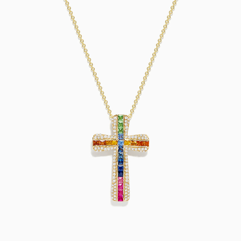 The Watercolors 14K Gold Multi Sapphire and Diamond Cross Pendant features vibrant sapphires set in vertical and horizontal rows, accented by sparkling white stones on a classic 14K gold chain necklace.