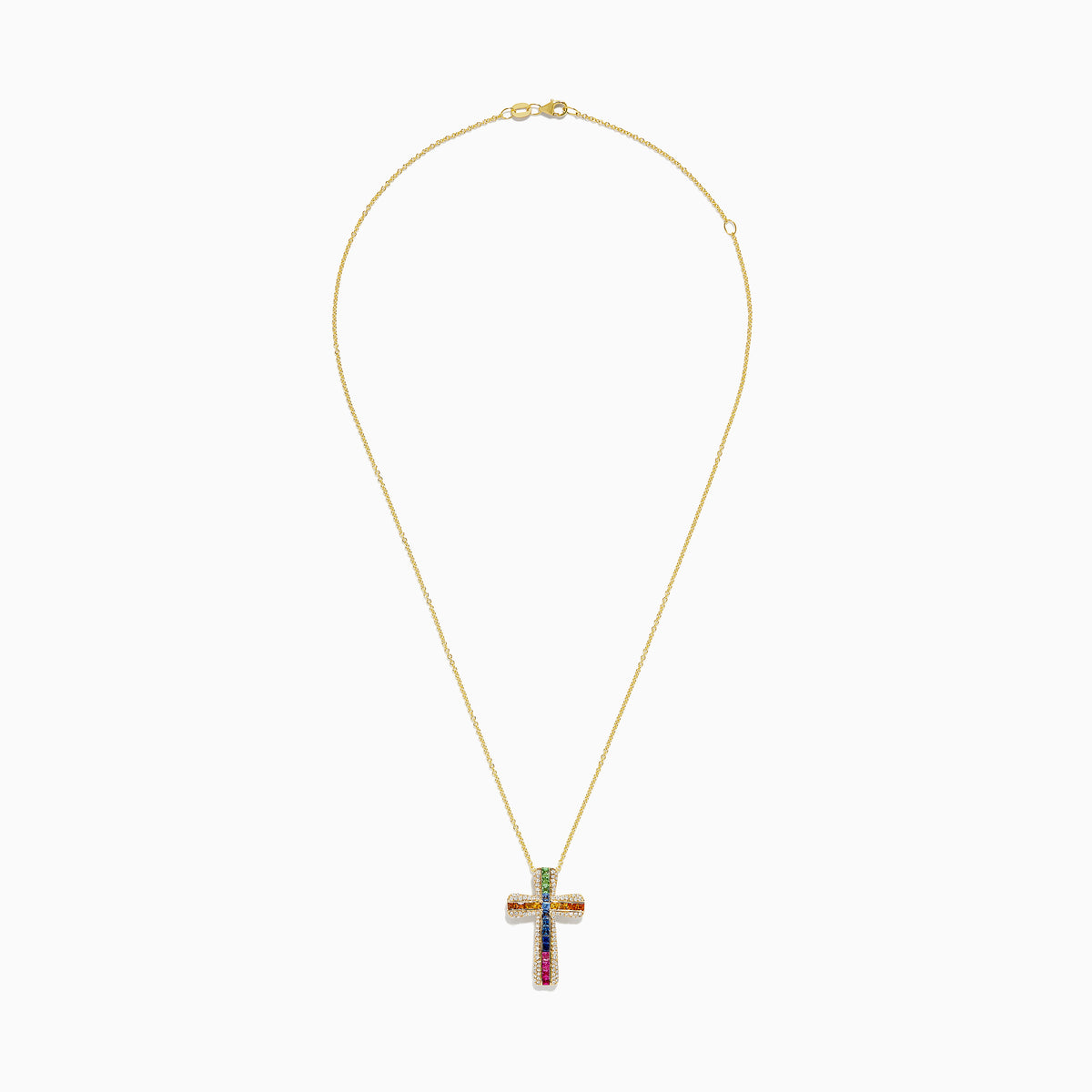 The Watercolors 14K Gold Multi Sapphire and Diamond Cross Pendant features vibrant sapphires set in vertical and horizontal rows, accented by sparkling white stones on a classic 14K gold chain necklace.