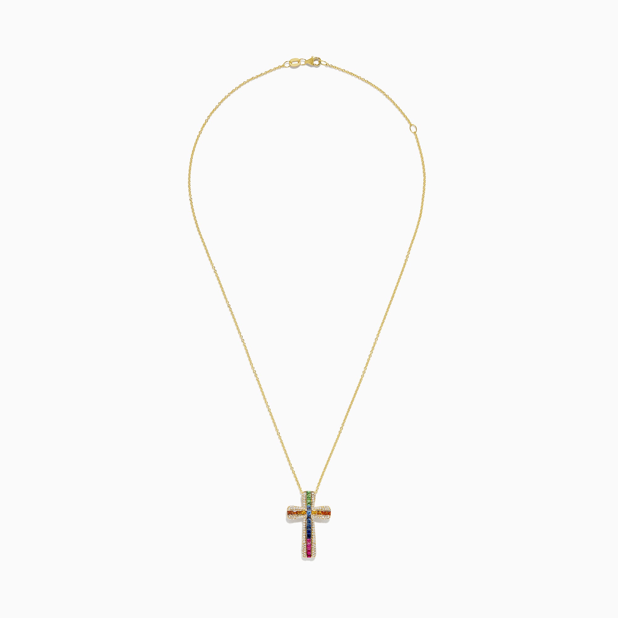 The Watercolors 14K Gold Multi Sapphire and Diamond Cross Pendant features vibrant sapphires set in vertical and horizontal rows, accented by sparkling white stones on a classic 14K gold chain necklace.