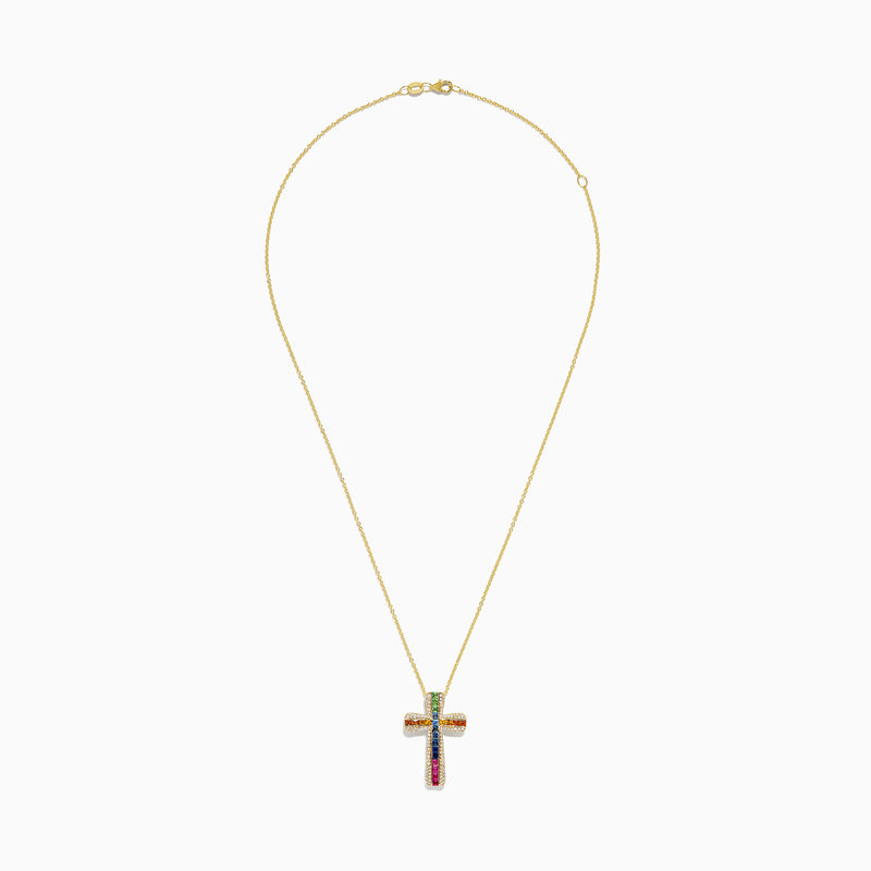 The Watercolors 14K Gold Multi Sapphire and Diamond Cross Pendant features vibrant sapphires set in vertical and horizontal rows, accented by sparkling white stones on a classic 14K gold chain necklace.