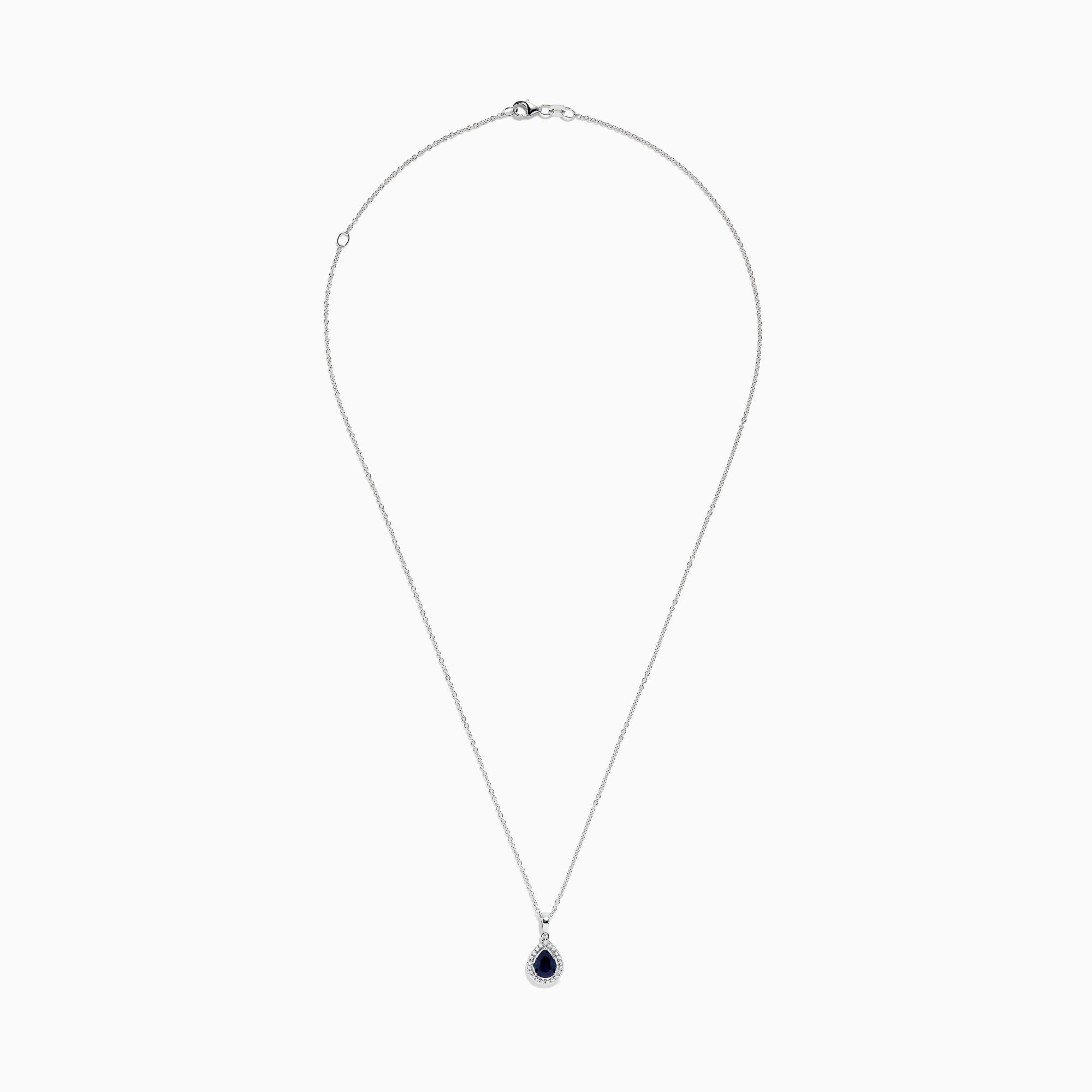 The Royale Bleu 14K White Gold Sapphire and Diamond Pendant features a teardrop sapphire encircled by shimmering diamonds, elegantly displayed on a white background.