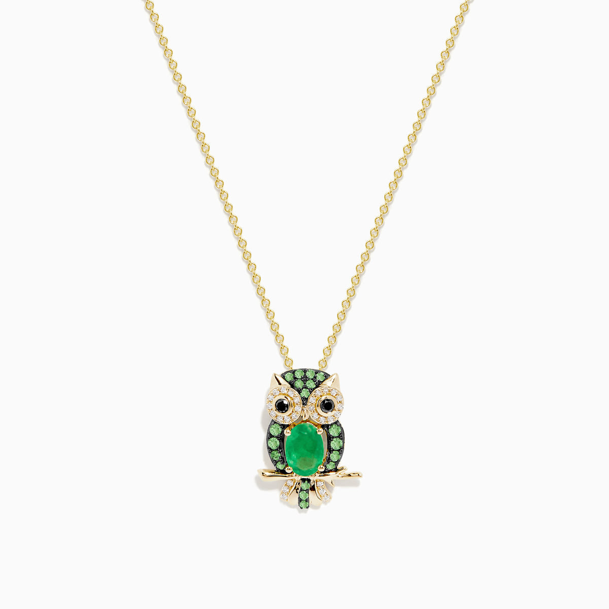 The Safari 14K Yellow Gold Emerald and Diamond Owl Pendant features a gold chain and owl design with an emerald-hued center gem and sparkling diamond accents on a gold branch.