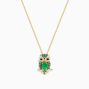 The Safari 14K Yellow Gold Emerald and Diamond Owl Pendant features a gold chain and owl design with an emerald-hued center gem and sparkling diamond accents on a gold branch.