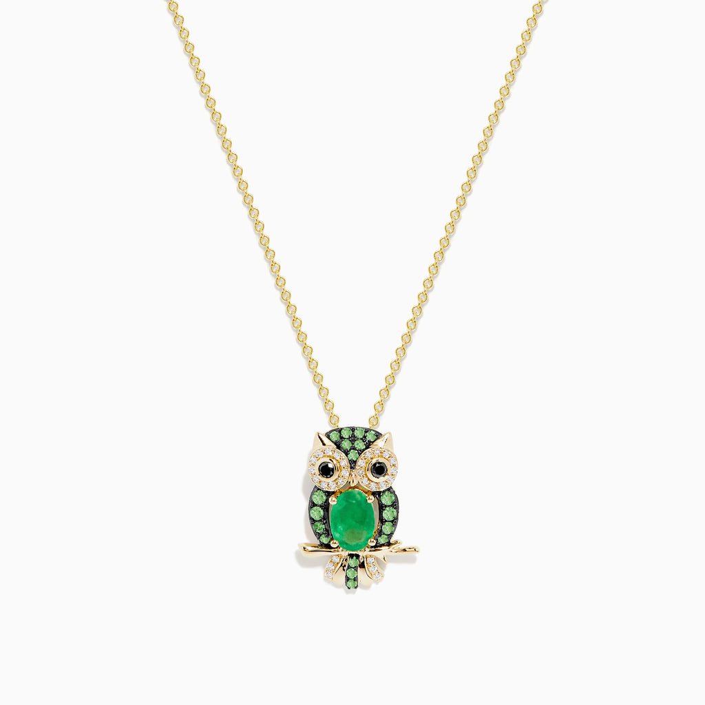 Effy Safari 14K Yellow Gold Emerald and Diamond Owl Pendant