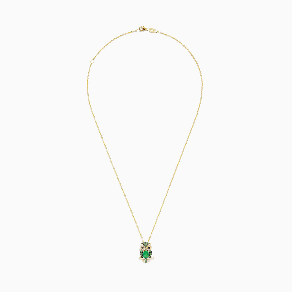 The Safari 14K Yellow Gold Emerald and Diamond Owl Pendant features a gold chain and owl design with an emerald-hued center gem and sparkling diamond accents on a gold branch.