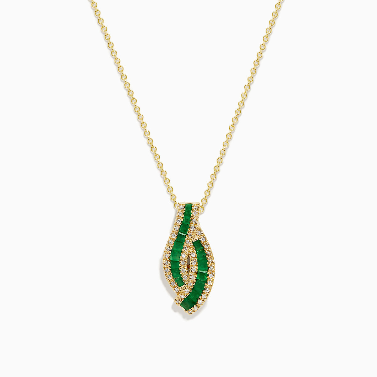 The 14K Yellow Gold Emerald and Diamond Pendant features a teardrop-shaped emerald design, highlighted by two curved rows of sparkling diamonds that outline its shape.