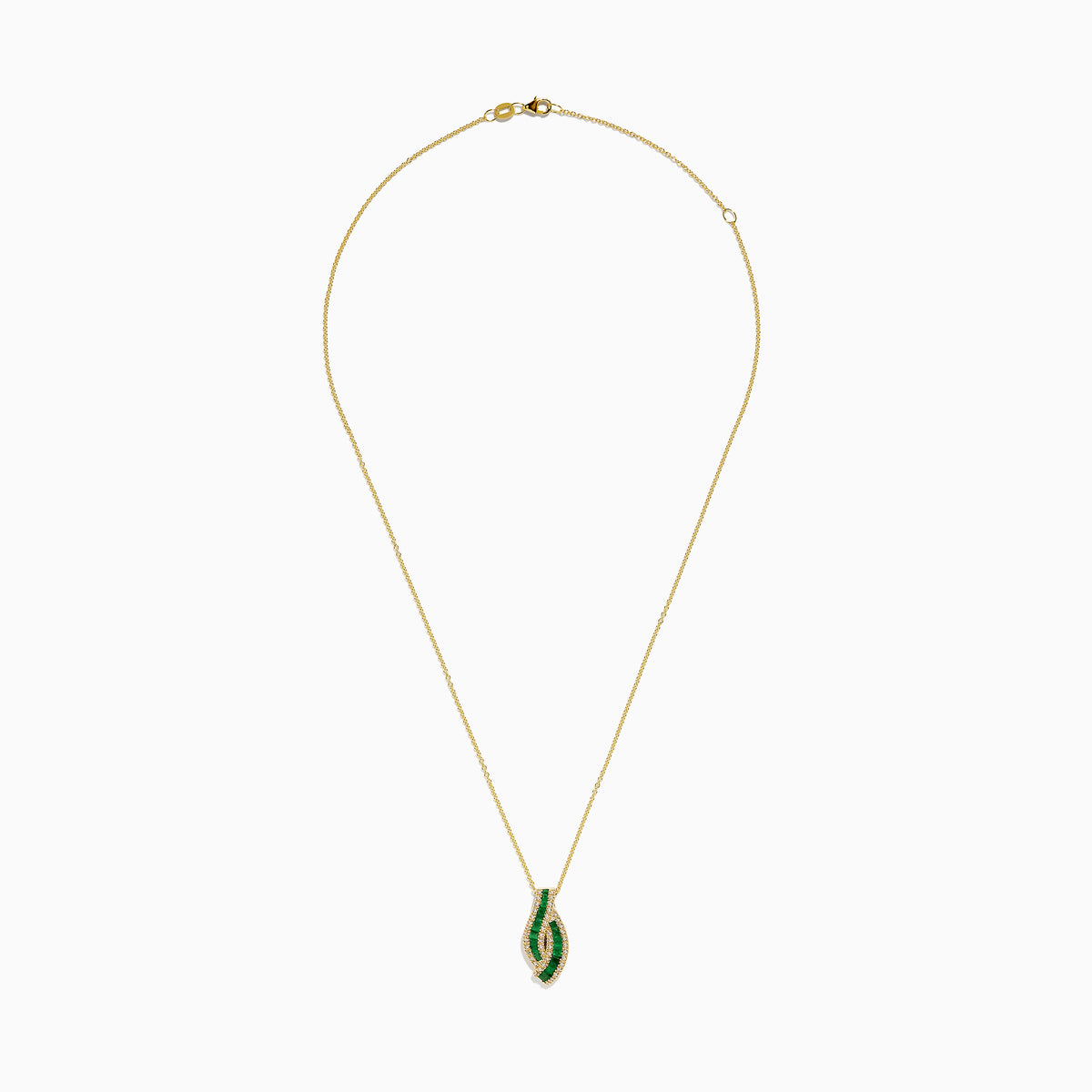 The 14K Yellow Gold Emerald and Diamond Pendant features a teardrop-shaped emerald design, highlighted by two curved rows of sparkling diamonds that outline its shape.