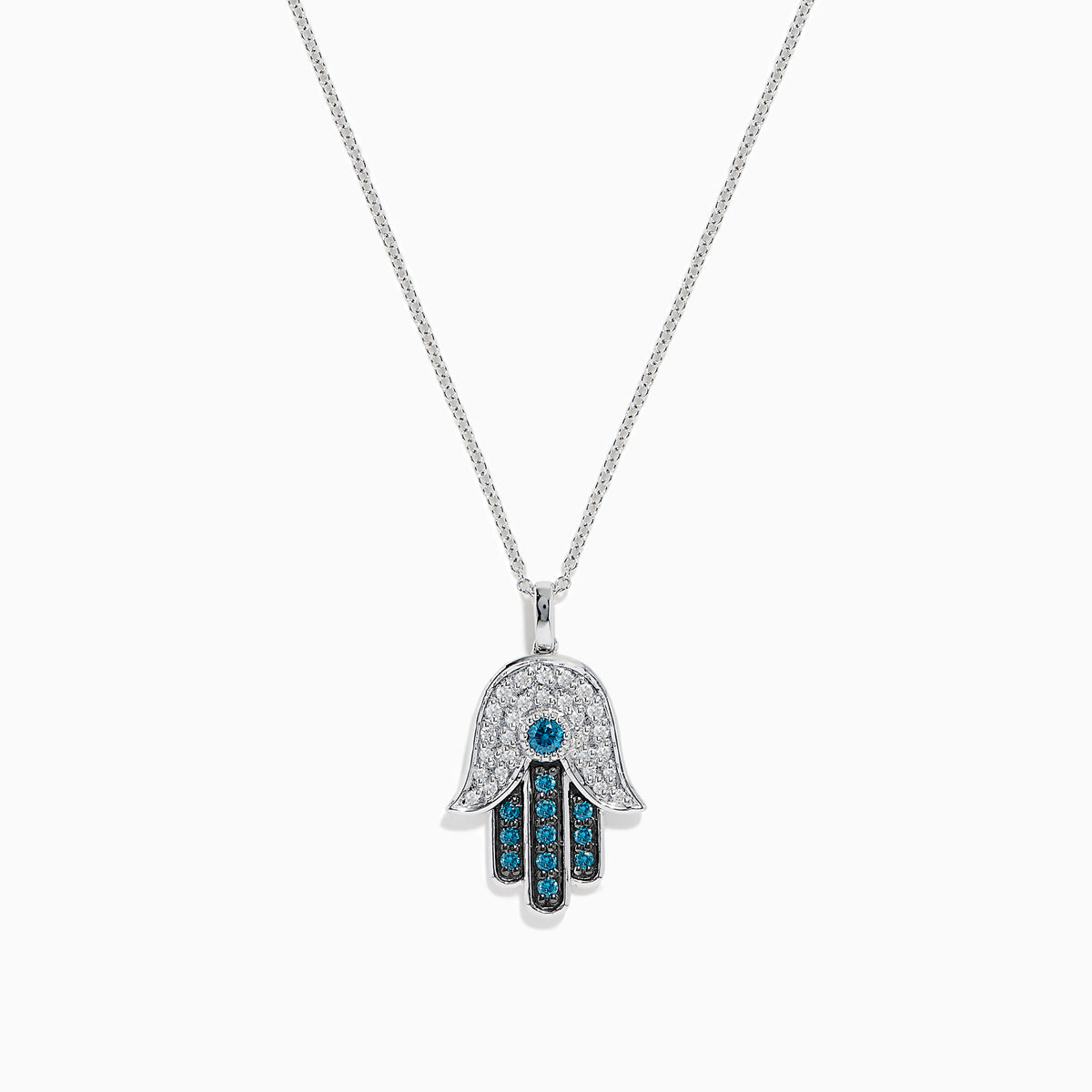 The Novelty 14K White Gold Blue and White Diamond Hamsa Pendant (0.35 TCW) is shown on a plain white background, featuring intricate diamond patterns on the pendant.