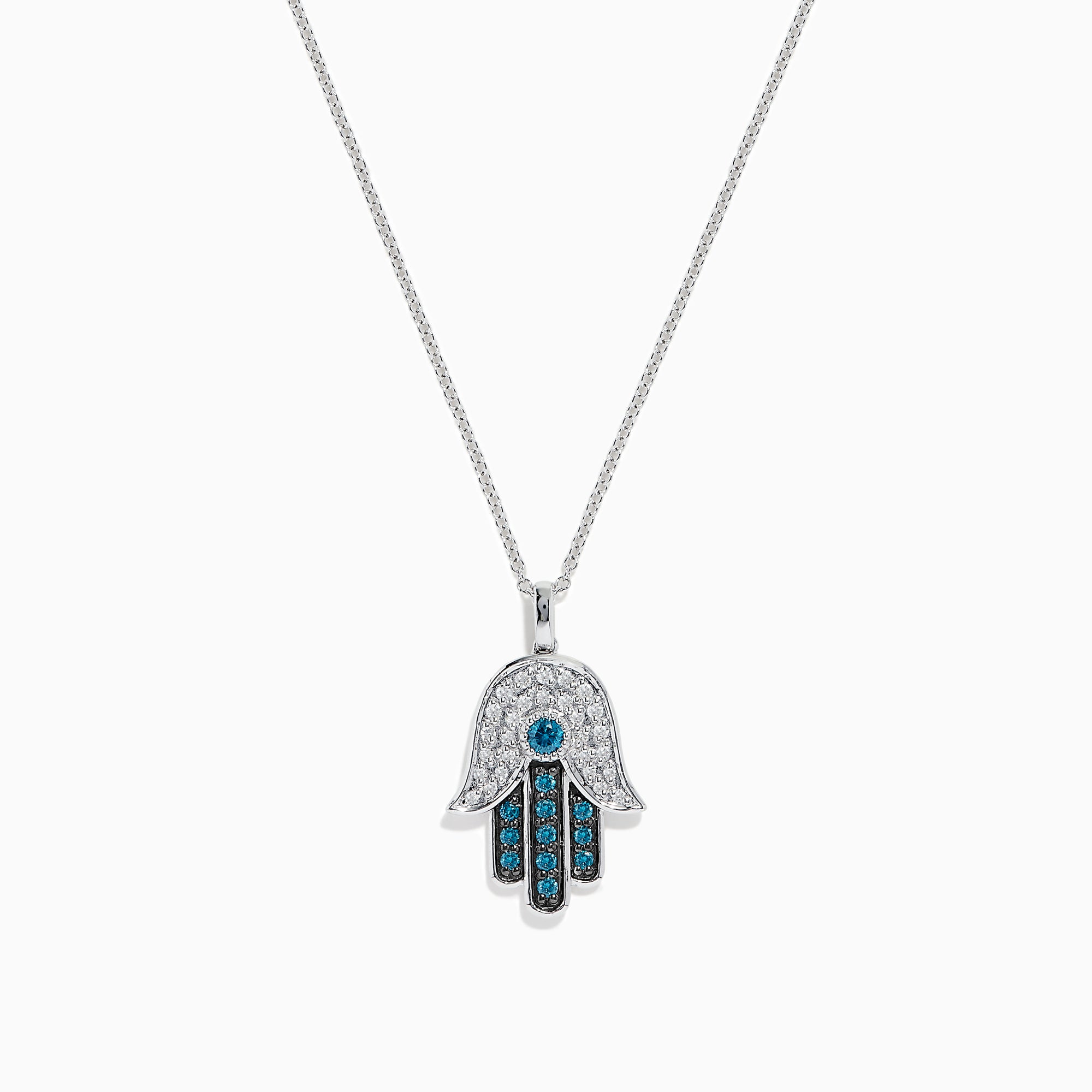 The Novelty 14K White Gold Blue and White Diamond Hamsa Pendant (0.35 TCW) is shown on a plain white background, featuring intricate diamond patterns on the pendant.