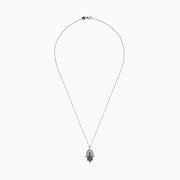 The Novelty 14K White Gold Blue and White Diamond Hamsa Pendant (0.35 TCW) is shown on a plain white background, featuring intricate diamond patterns on the pendant.