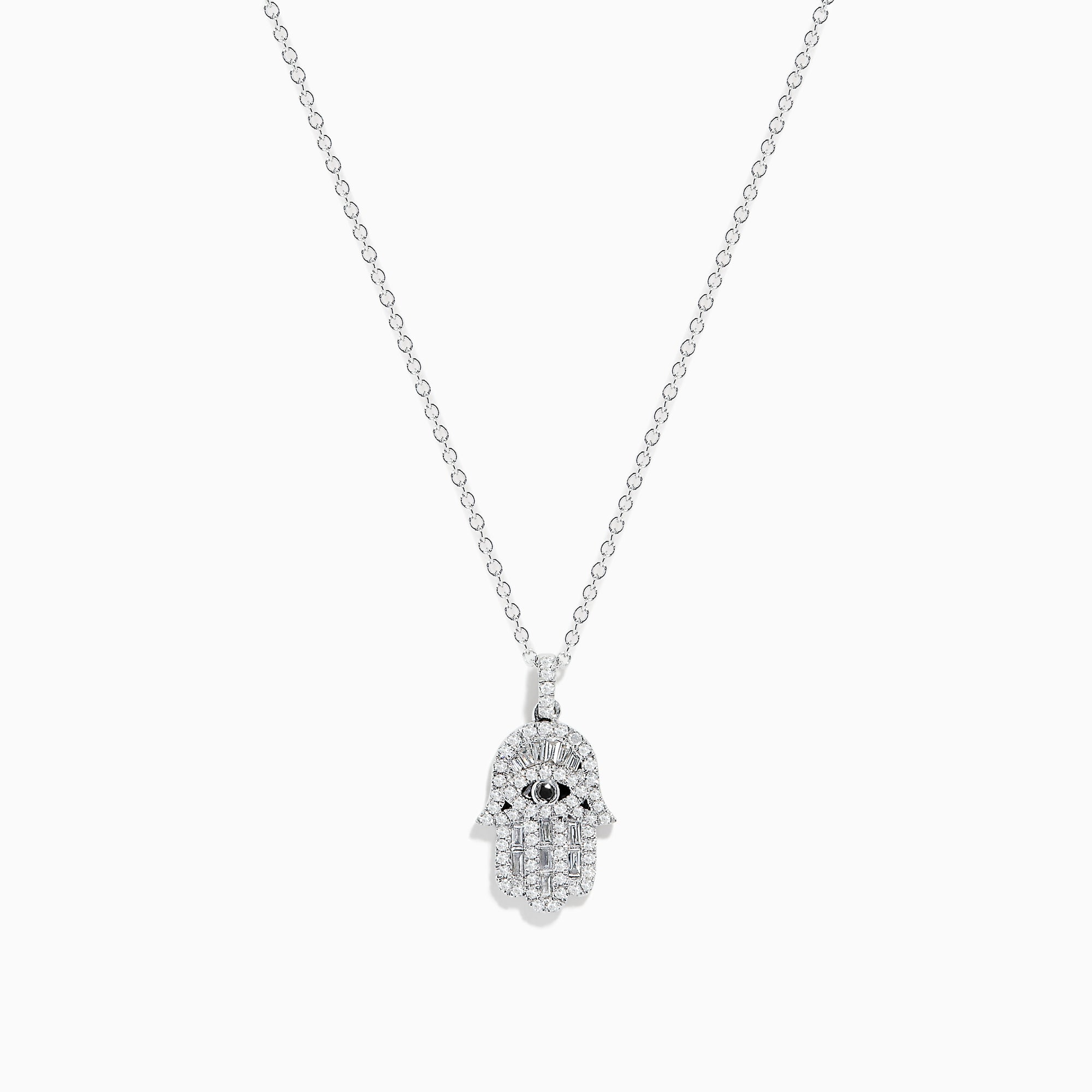 The Novelty 14K White Gold Black and White Diamond Hamsa Pendant features a sparkling eye-design centerpiece on a dainty white gold chain, showcased against a white background.