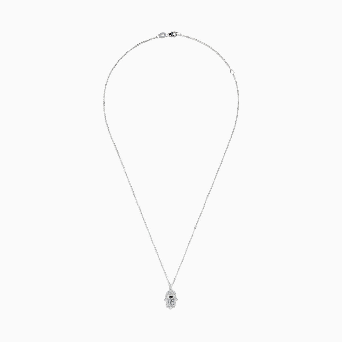 The Novelty 14K White Gold Black and White Diamond Hamsa Pendant features a sparkling eye-design centerpiece on a dainty white gold chain, showcased against a white background.