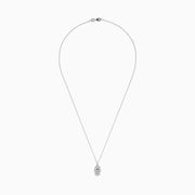 The Novelty 14K White Gold Black and White Diamond Hamsa Pendant features a sparkling eye-design centerpiece on a dainty white gold chain, showcased against a white background.