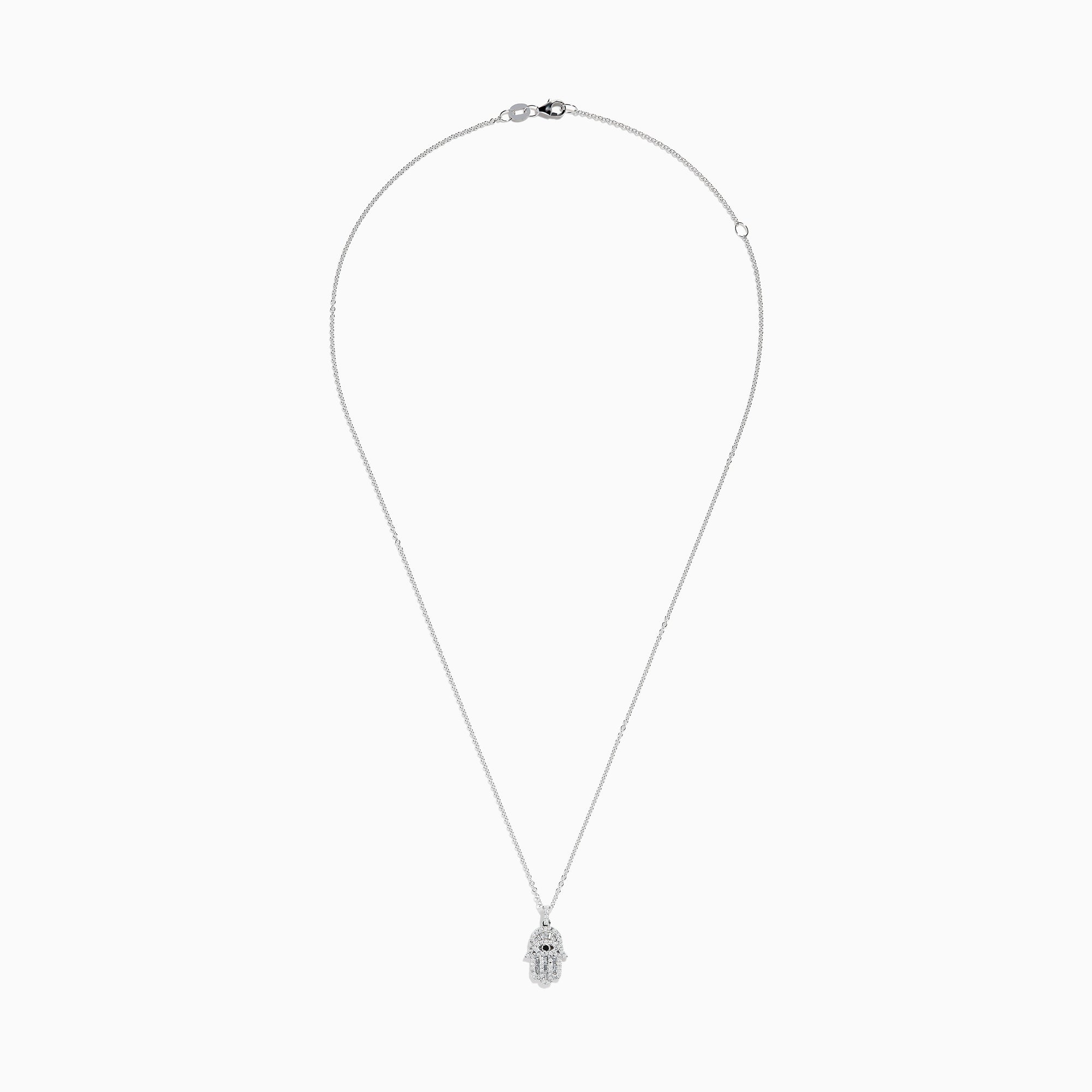The Novelty 14K White Gold Black and White Diamond Hamsa Pendant features a sparkling eye-design centerpiece on a dainty white gold chain, showcased against a white background.