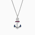 The Sterling Silver Sapphire, Ruby & Diamond Anchor Pendant (0.20 TCW) is shown on a twisted silver chain, displayed against a white background.