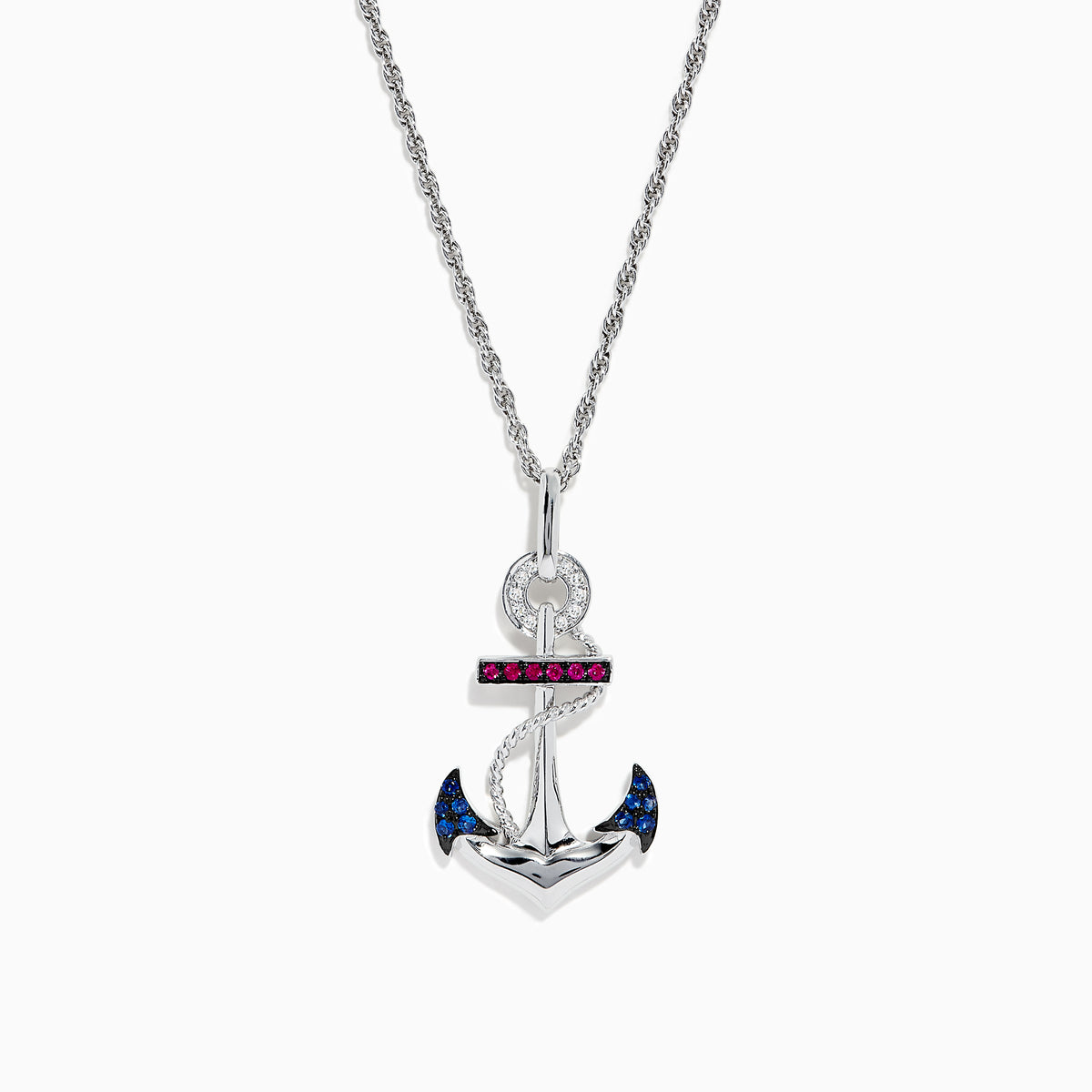 The Sterling Silver Sapphire, Ruby & Diamond Anchor Pendant (0.20 TCW) is shown on a twisted silver chain, displayed against a white background.