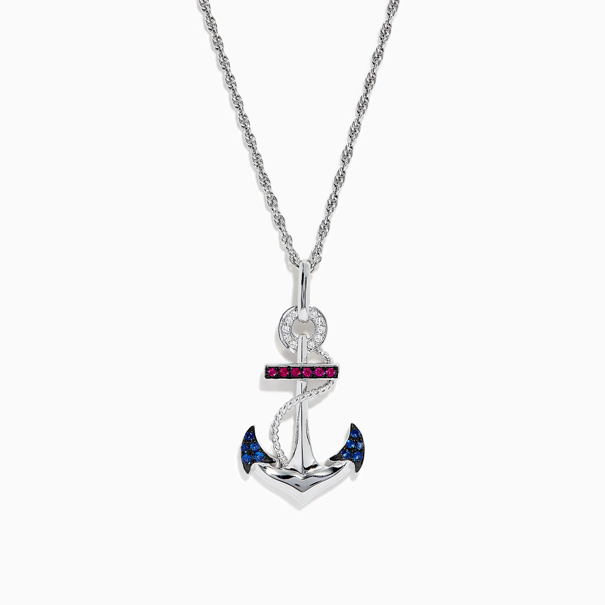 The Sterling Silver Sapphire, Ruby & Diamond Anchor Pendant (0.20 TCW) is shown on a twisted silver chain, displayed against a white background.