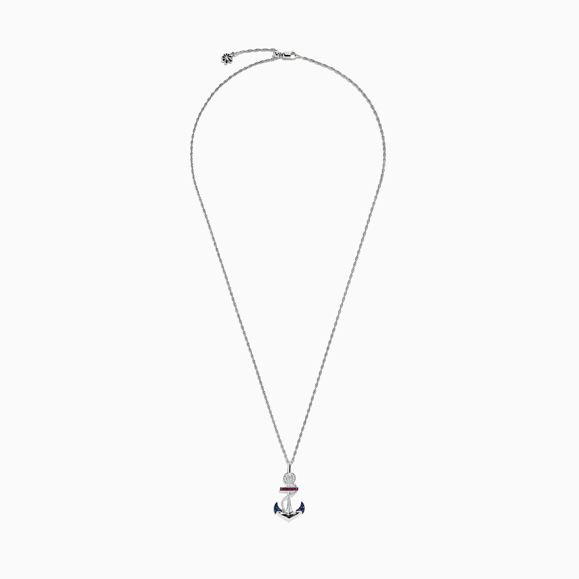 The Sterling Silver Sapphire, Ruby & Diamond Anchor Pendant (0.20 TCW) features a delicate anchor design accented by sapphires, rubies, and a diamond. Displayed on a plain white background with a fine silver chain.