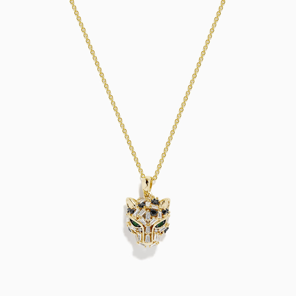 The Signature 14K Yellow Gold Black and White Diamond Panther Pendant is a chain necklace with a stylized panther design, featuring black and white diamonds and green gemstones, displayed against a white background.