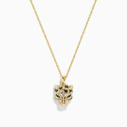 The Signature 14K Yellow Gold Black and White Diamond Panther Pendant is a chain necklace with a stylized panther design, featuring black and white diamonds and green gemstones, displayed against a white background.